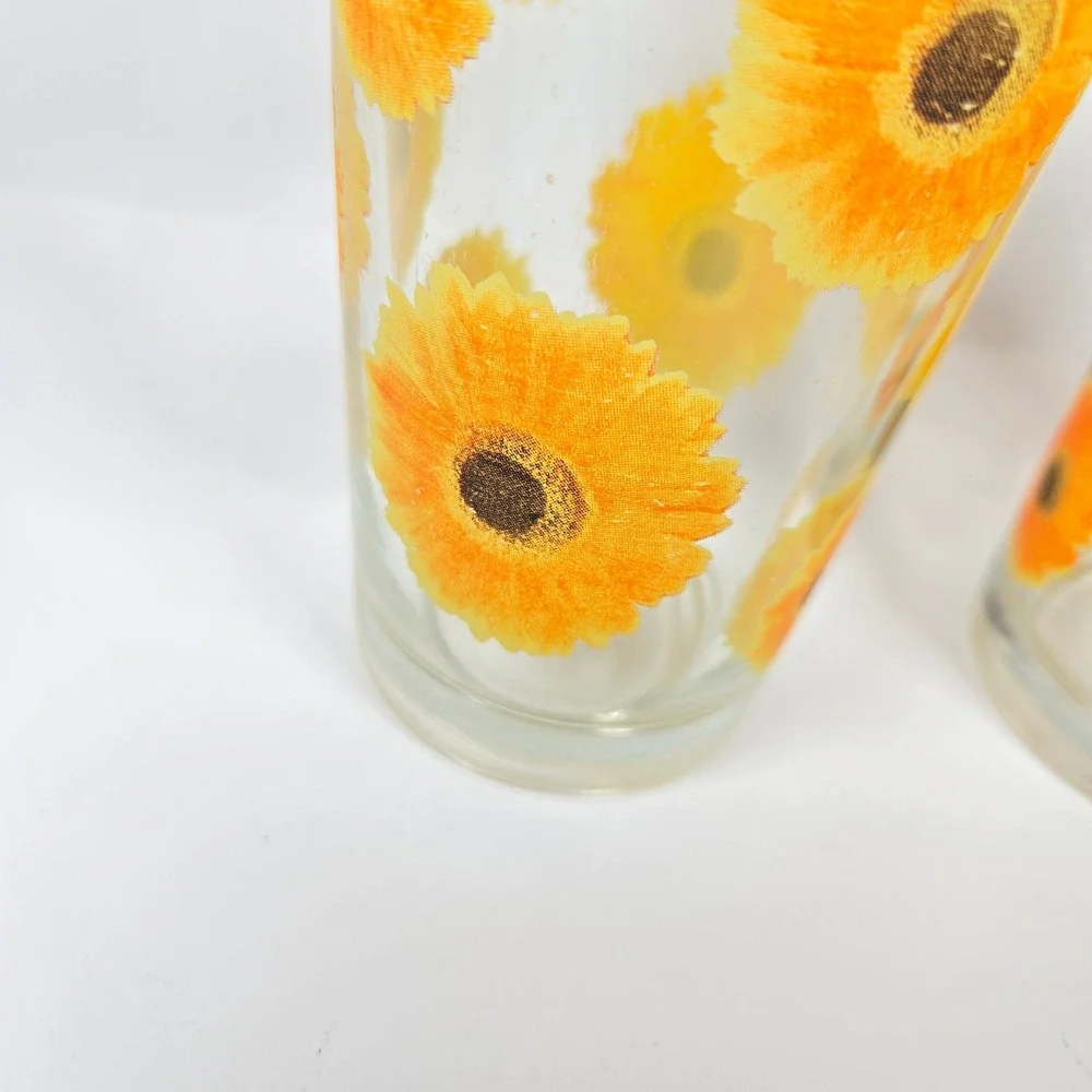 Vintage KIG Indonesia Sunflowers Daisies Drinking Glass Tumblers 10oz Flowers FG